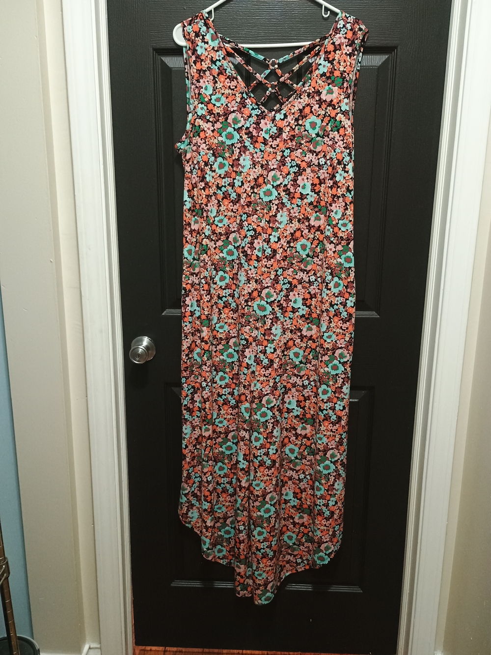 Sami & Jo Coral and Teal Floral Maxi Romper with Crisscross Neckline